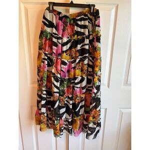 Antthony Original Zebra Floral Tiered Maxi Skirt 1X Multi Color Ruffle Chiffon